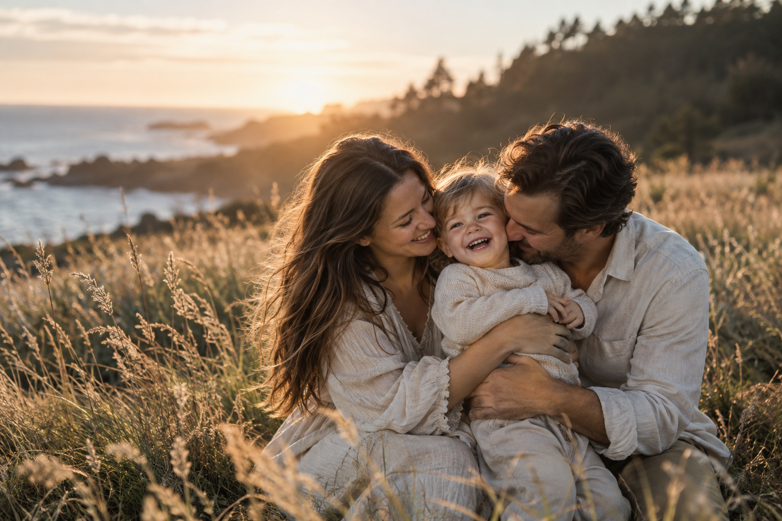 Illustrative family portrait in warm coastal evening light