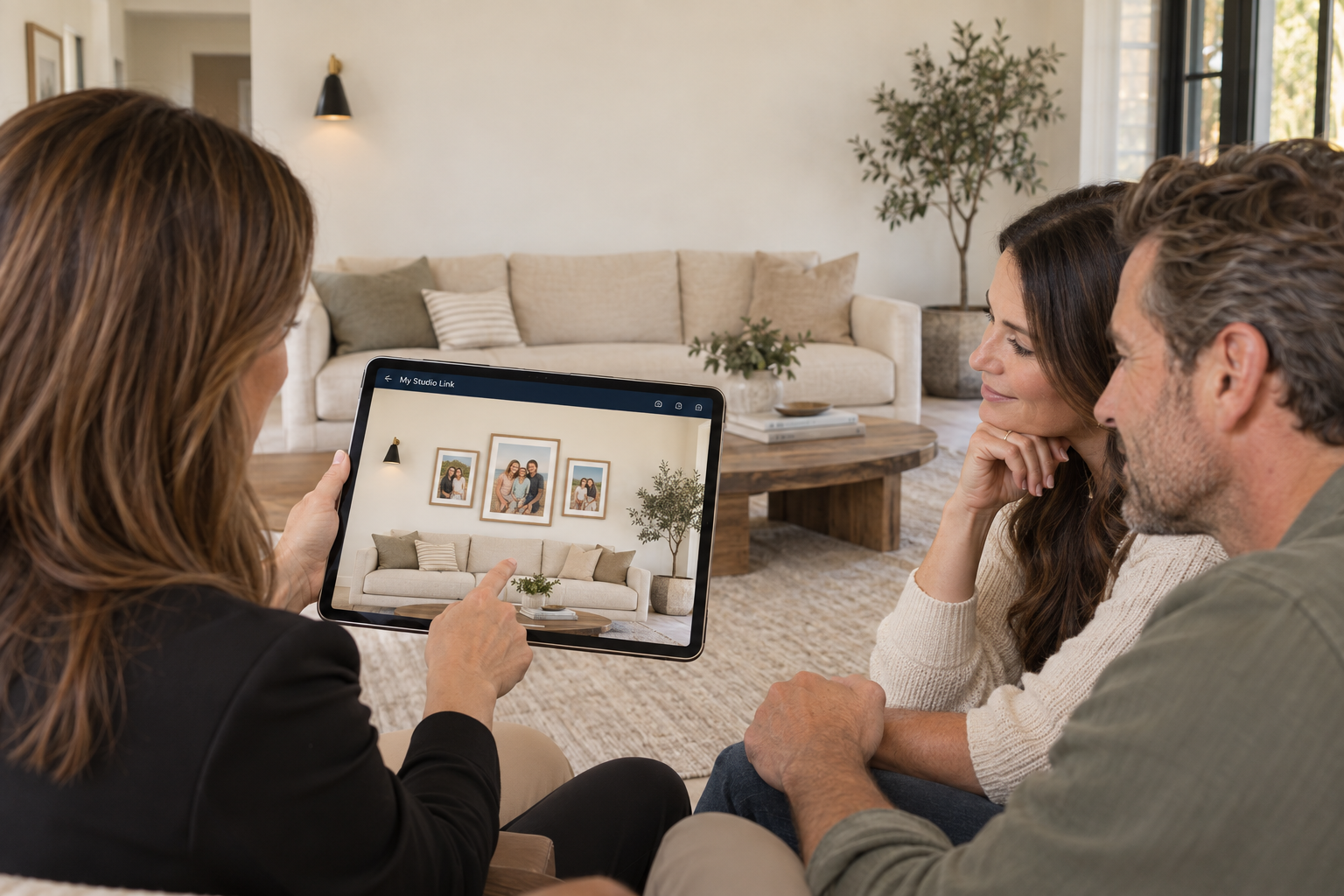 Illustrative photographer showing a couple a wall-art arrangement using a photograph of their own living room wall